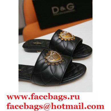 Dolce  &  Gabbana Leather Sliders Black with Devotion Heart 2021